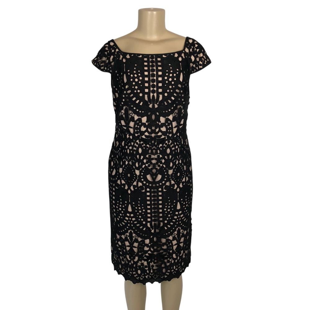 WHBM Black Cut Out Lace Overlay Sheath Dress Size 6 Nude‎ Party Formal Cocktail